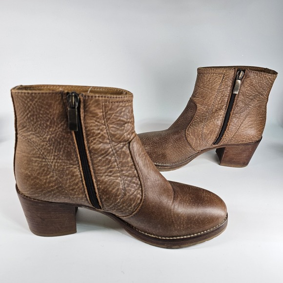 Roots Ankle Booties Women 8 38 Brown Tan Side Zip Boho Block Heel Pebbled Italy - Picture 9 of 11